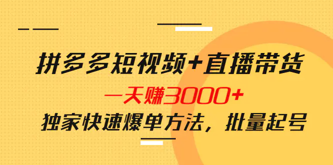 拼多多短视频+直播带货，一天赚3000+独家快速爆单方法，批量起号-爱赚项目网