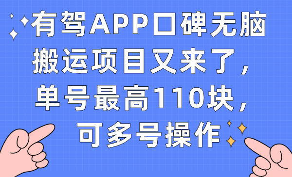 有驾APP口碑无脑搬运项目又来了，单号最高110块，可多号操作-爱赚项目网