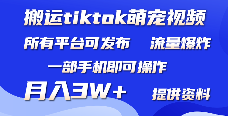 搬运Tiktok萌宠类视频，一部手机即可。所有短视频平台均可操作，月入3W+-爱赚项目网