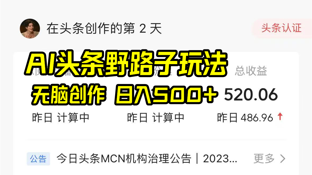 AI头条野路子玩法，无脑创作，日入500+-爱赚项目网