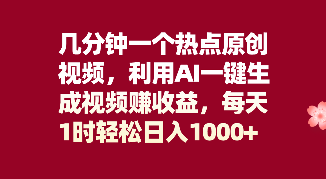 几分钟一个热点原创视频，利用AI一键生成视频赚收益，每天1时轻松日入1000+-爱赚项目网