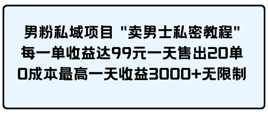 男粉私域项目 "卖男士私密教程" 每一单收益达99元一天售出20单-爱赚项目网