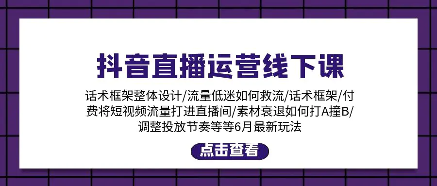 抖音直播运营线下课：话术框架/付费流量直播间/素材A撞B/等6月新玩法-爱赚项目网