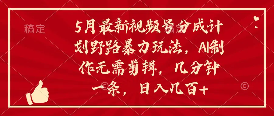 5月最新视频号分成计划野路暴力玩法，ai制作，无需剪辑。几分钟一条，…-爱赚项目网