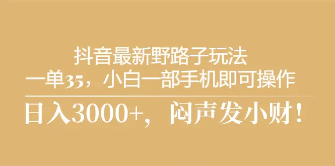 抖音最新野路子玩法，一单35，小白一部手机即可操作，，日入3000+，闷…-爱赚项目网